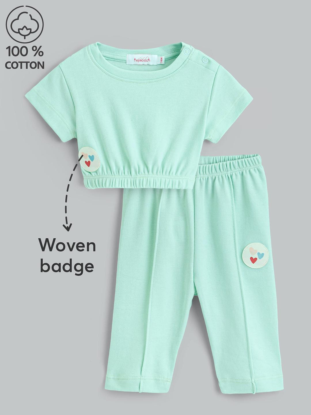 Hopscotch Girls Teal Pure Cotton Solid Clothing Set
