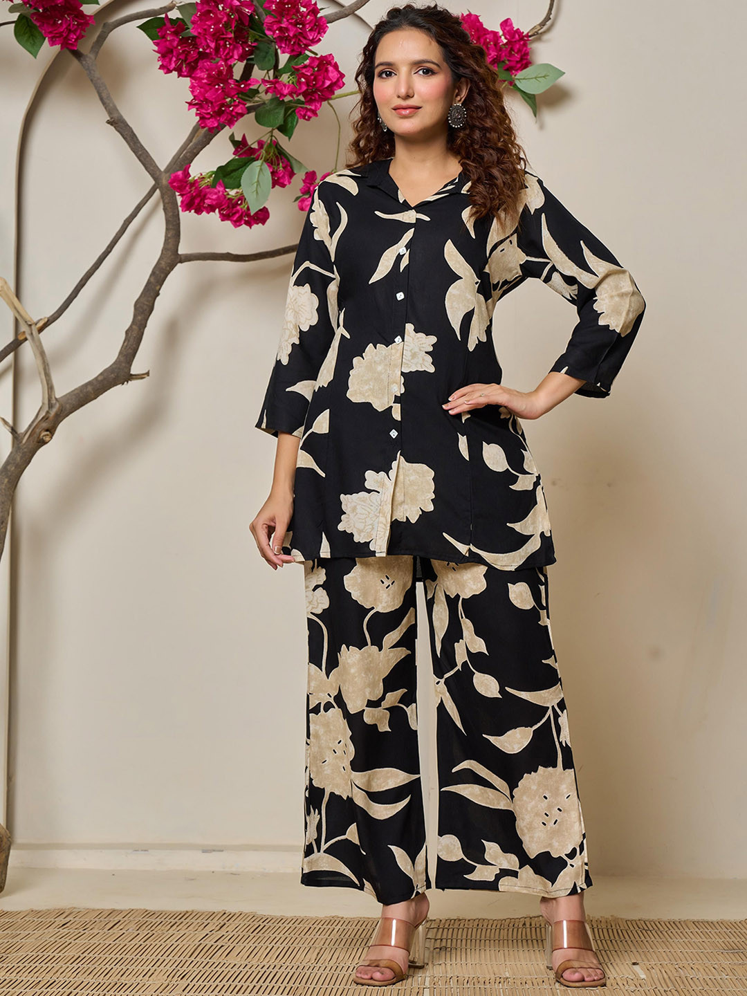 Banwaree Printed Shirt Collar Shirt With Palazzo