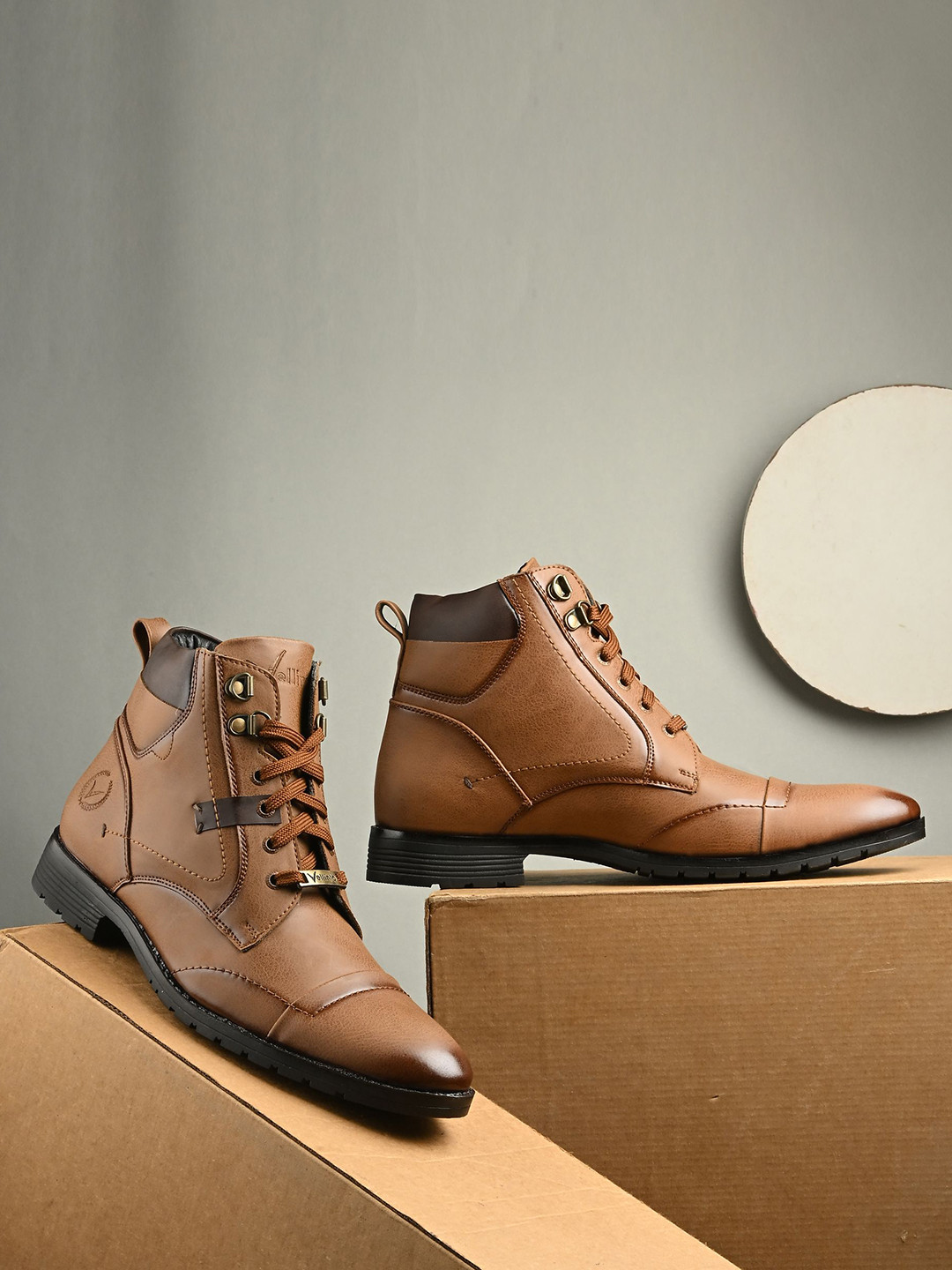 Vellinto BURNOX Men Round Toe Mid-Top Lace-Ups Biker Boots