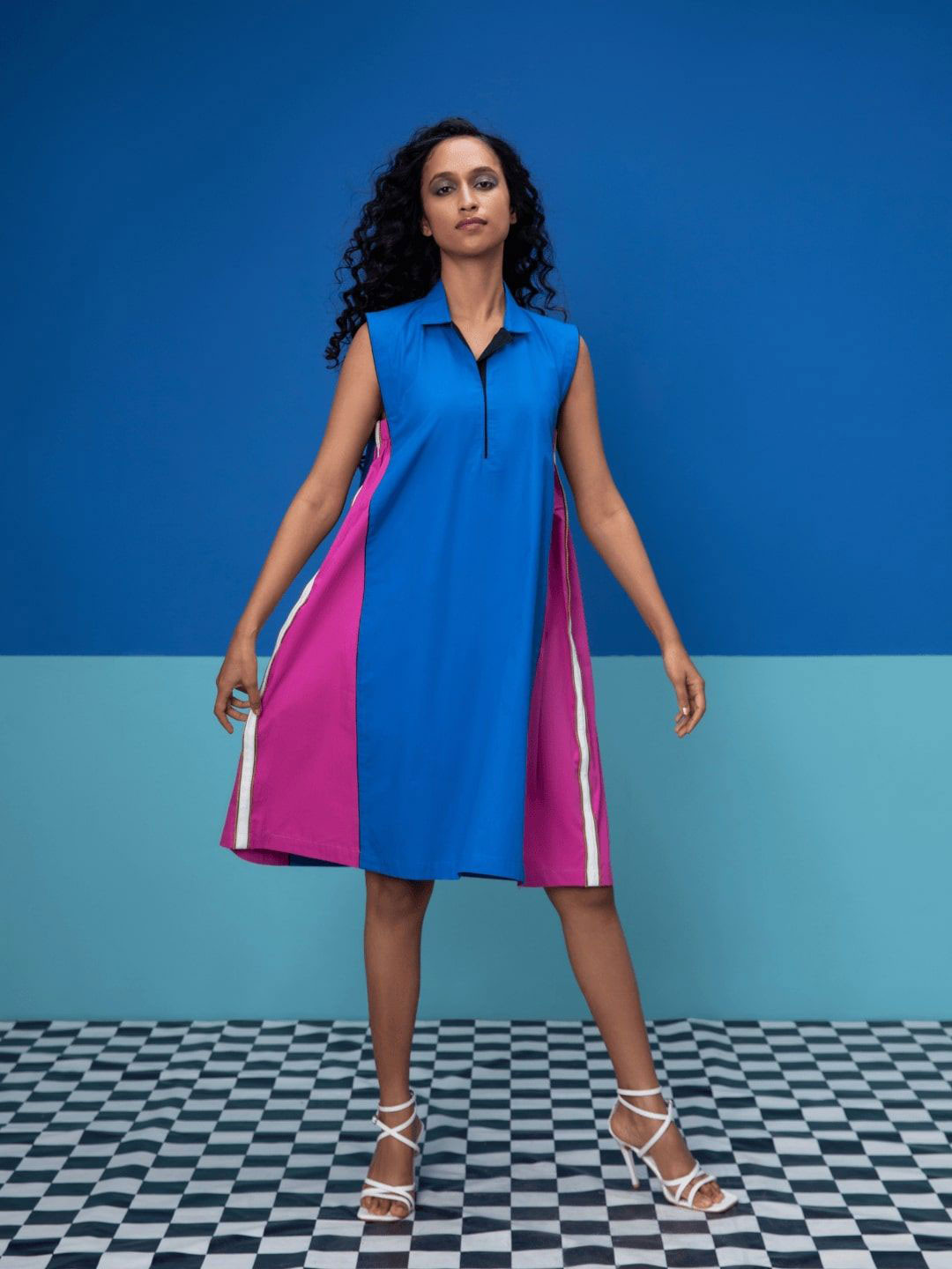 Stylefables Horizon Women Colorblocked Shirt Collar A-Line Dress