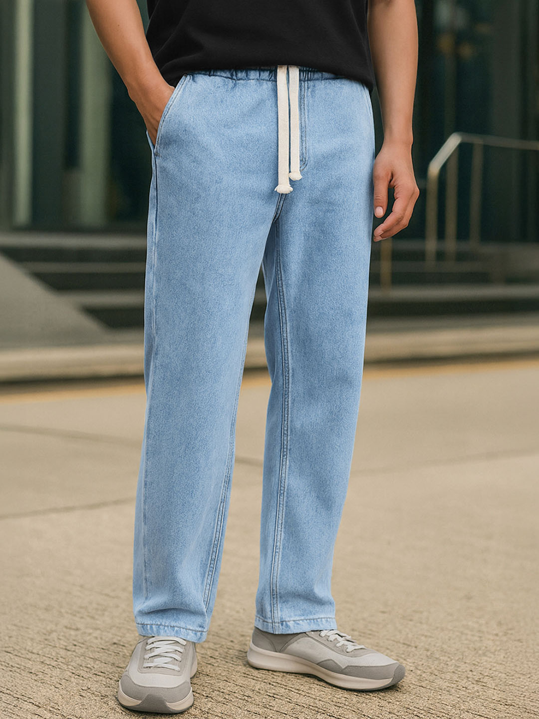 Bewakoof Men Light Blue Washed Straight Fit Mid-Rise Cotton Jeans