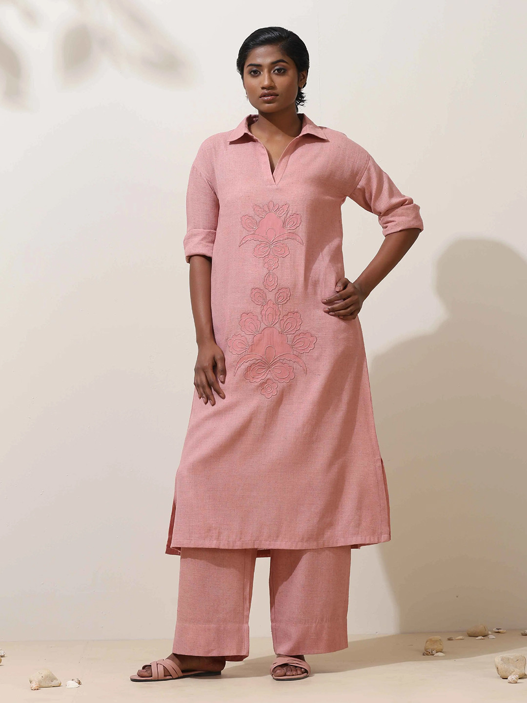 trueBrowns Women Dalia Pink Embroidered Natural Cotton Kurta Pant Set