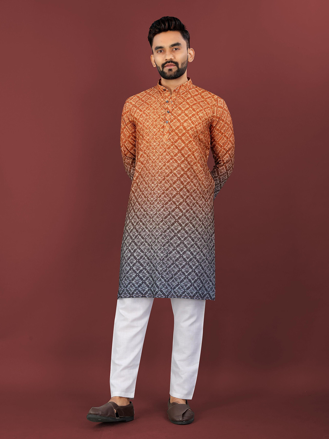 LADY BERRY Men Ethnic Motifs Printed Band Collar Shadow Work Kurta