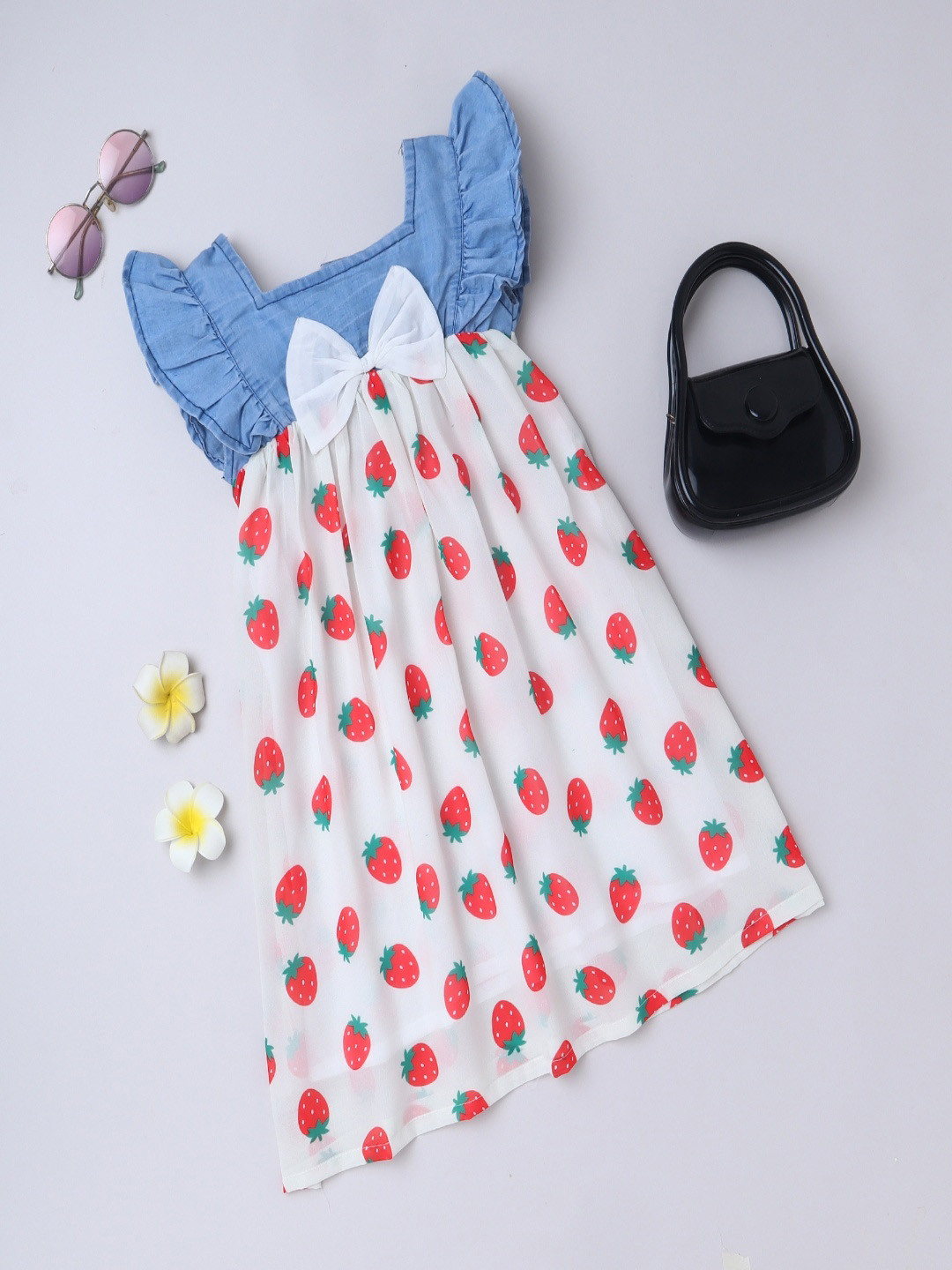 BRIGHT STARS KIDSWEAR Stawberry Printed Denim Flutter Sleeve Dresses With Cotton Lining