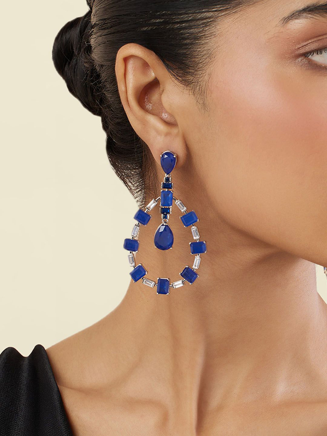 Isharya Rhodium-Plated Teardrop Shaped Sapphire Studded Drop Earrings