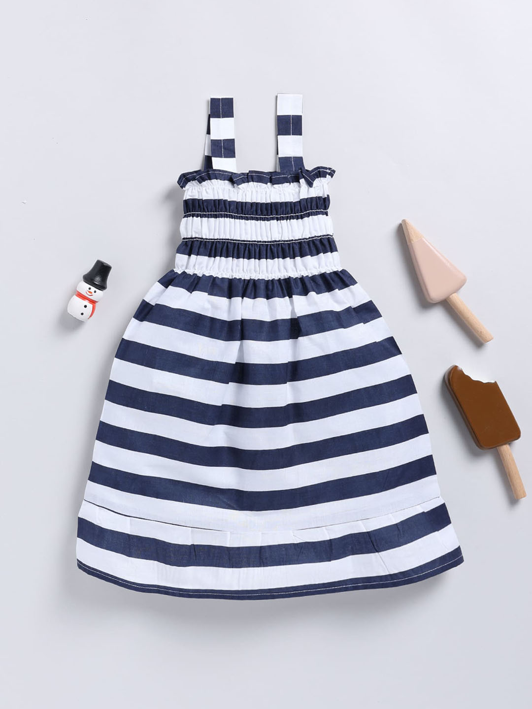 CHANDRIKA Girls Blue & White Stripe Printed Shoulder Strap Dress