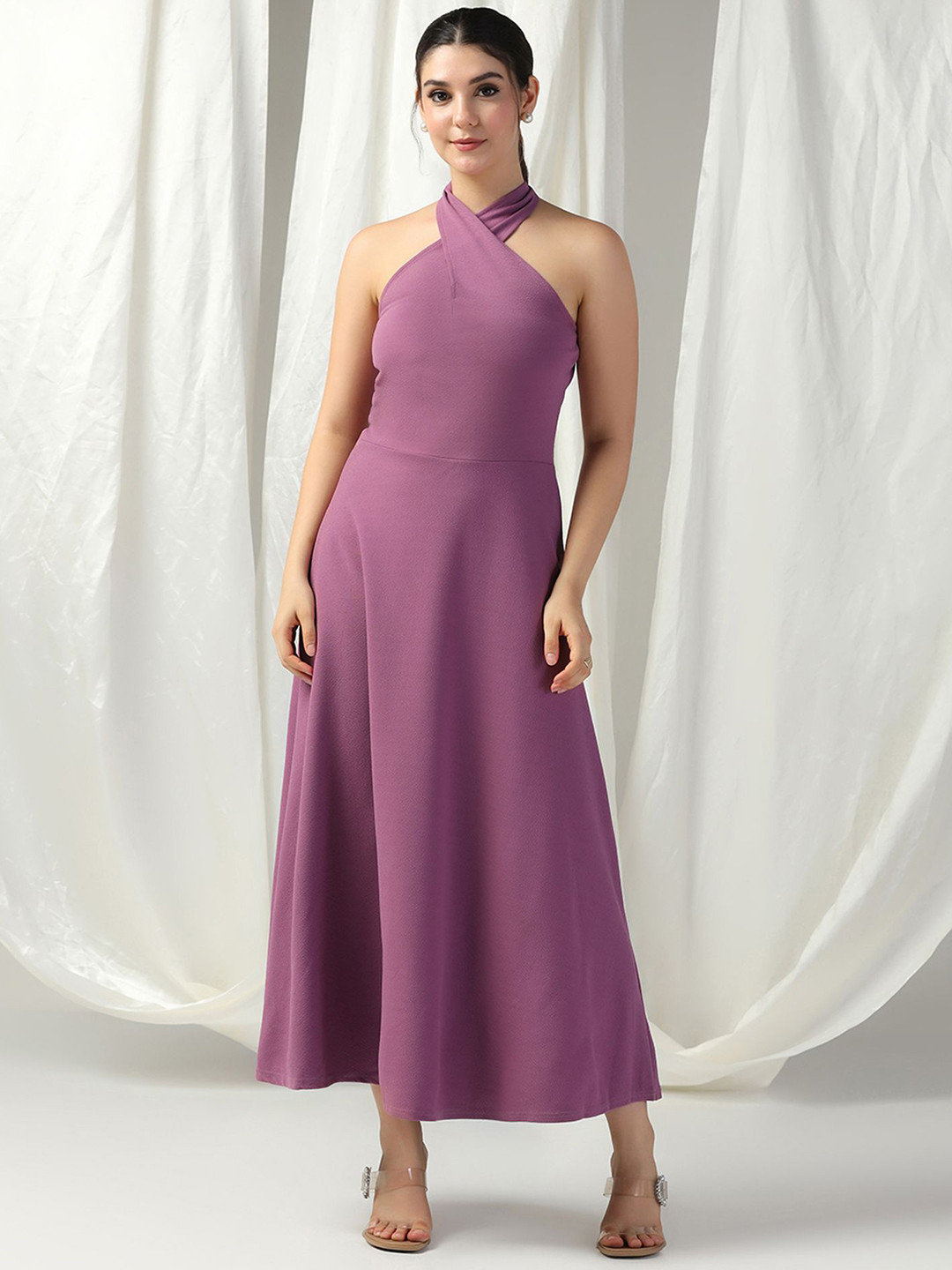 Selvia Edge Women Halter Neck Sleeveless Fit & Flare Maxi Dress