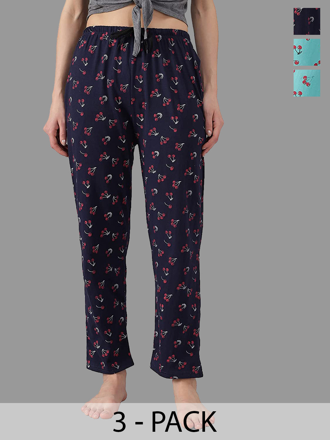 Women Pack Of 3 Printed Cotton Pyjama Pants with Side Pockets
