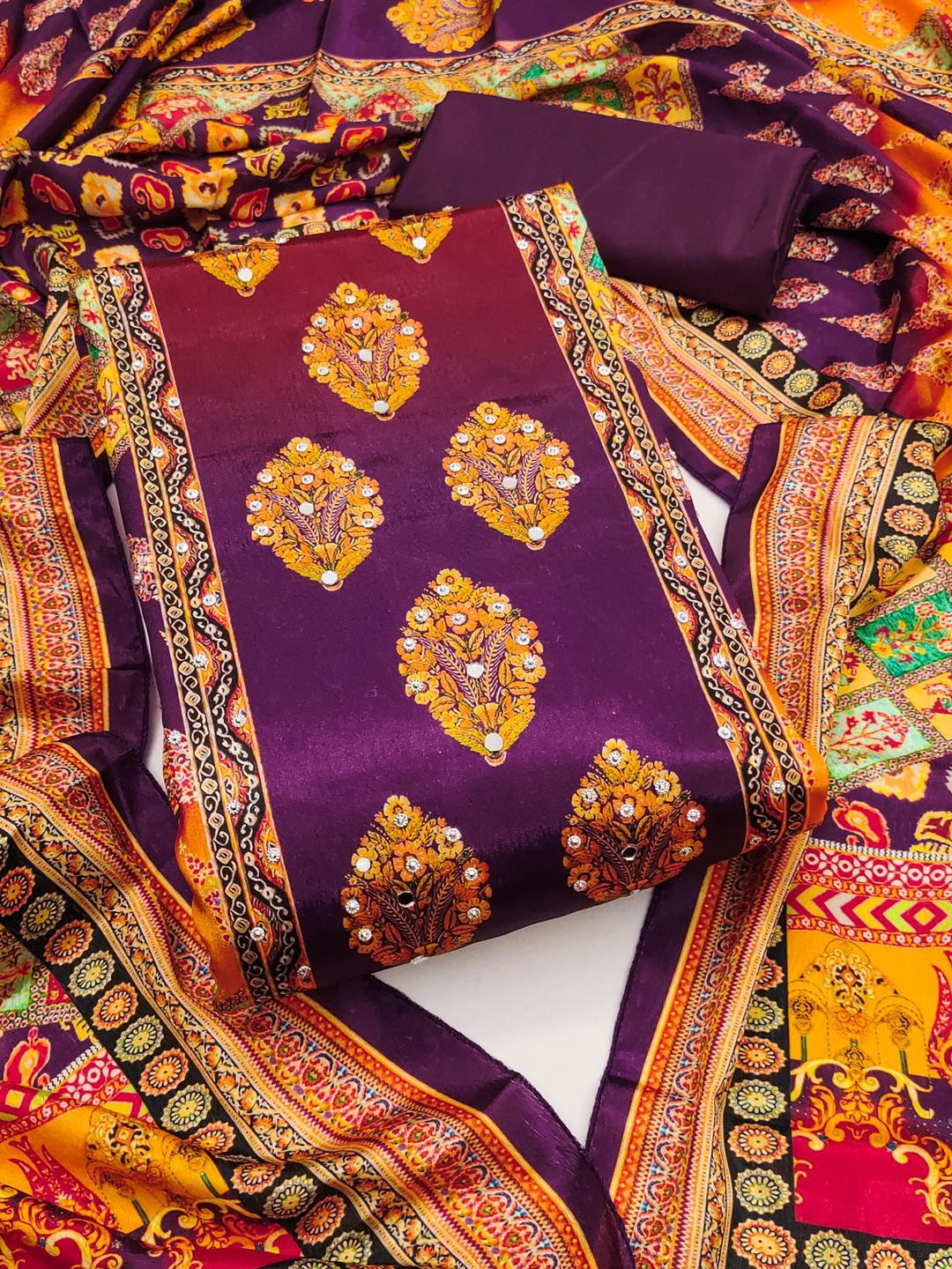 KALINI Women Purple Printed Geometric Dress Material