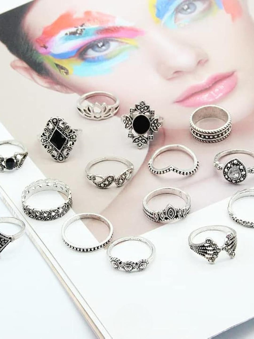 DressBerry Oxidised Set Of 15 Vintage Floral Designs Ring Set For Women And Girls