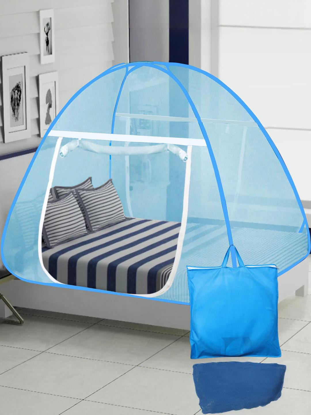 GK-JLPV Blue & White Polyester Double Bed Size Foldable Tent Mosquito Net