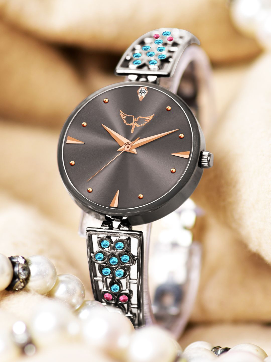 WHITE BIRD Women Crystal Studded Bracelet Style Straps Analogue Watch 6008 Grey