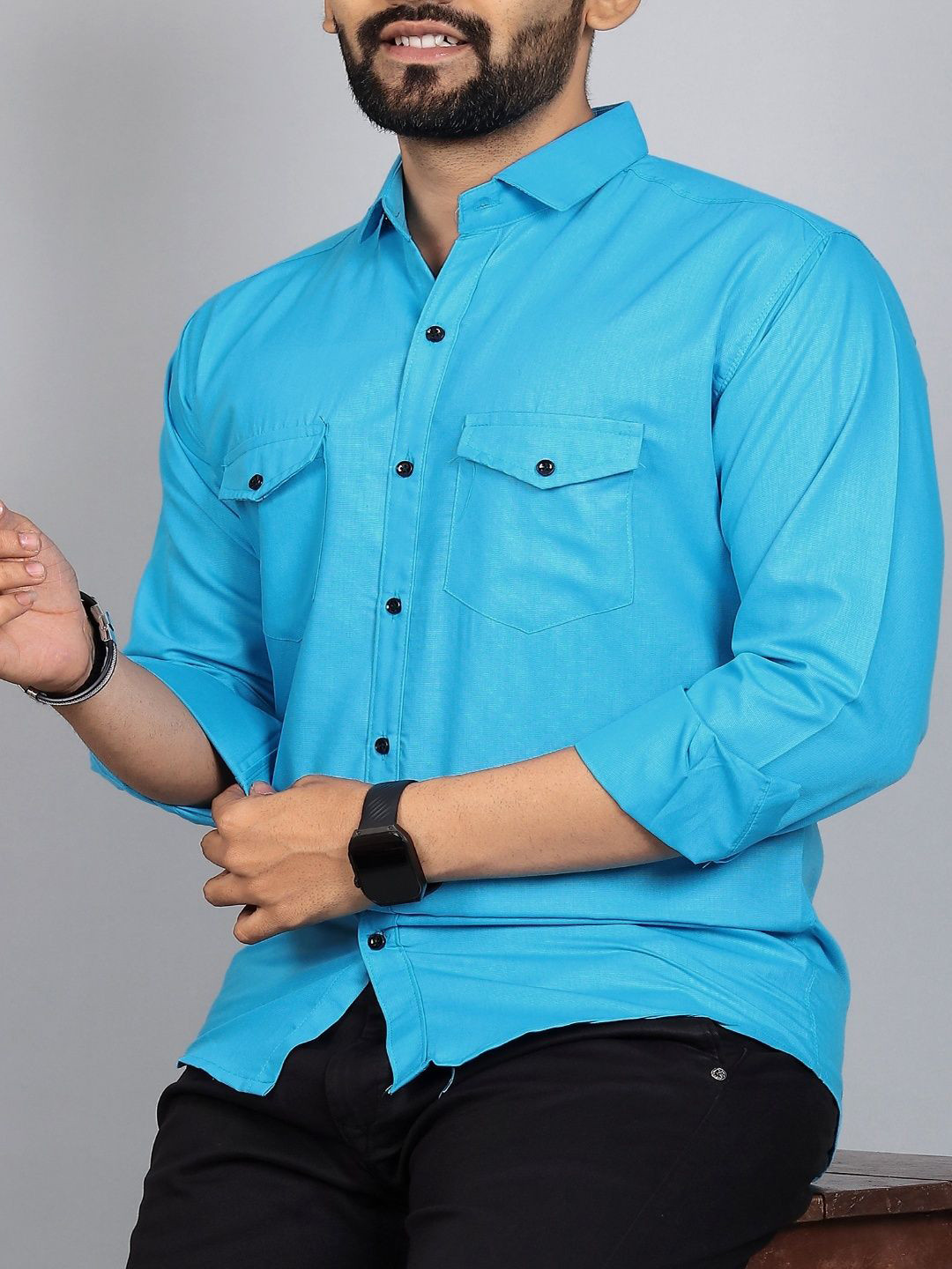 QLONZ STORE Men Classic Fit Solid Spread Collar Cotton Casual Shirt