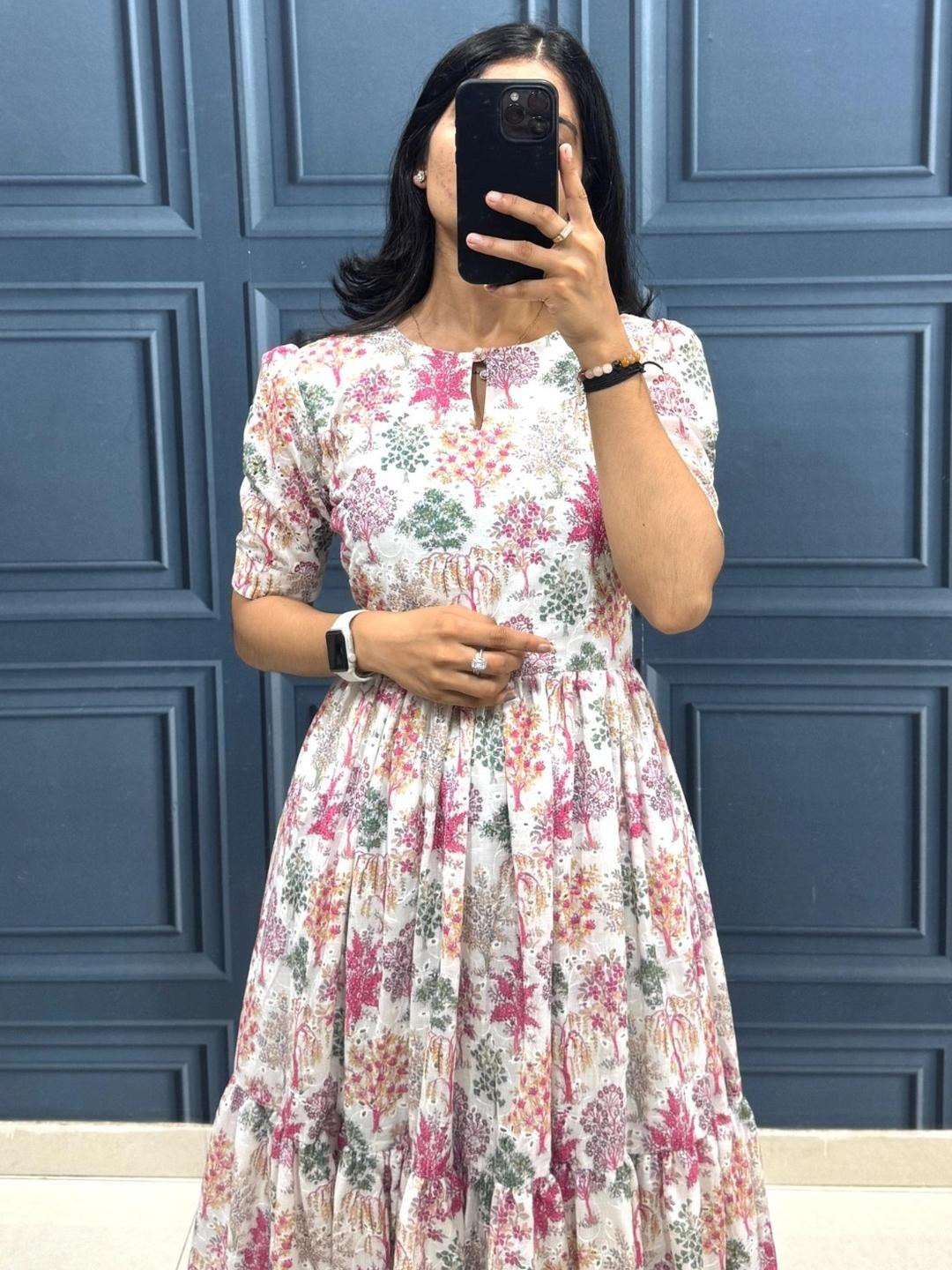 Maruti fab Floral Print Keyhole Neck Pure Cotton Fit & Flare Midi Dress