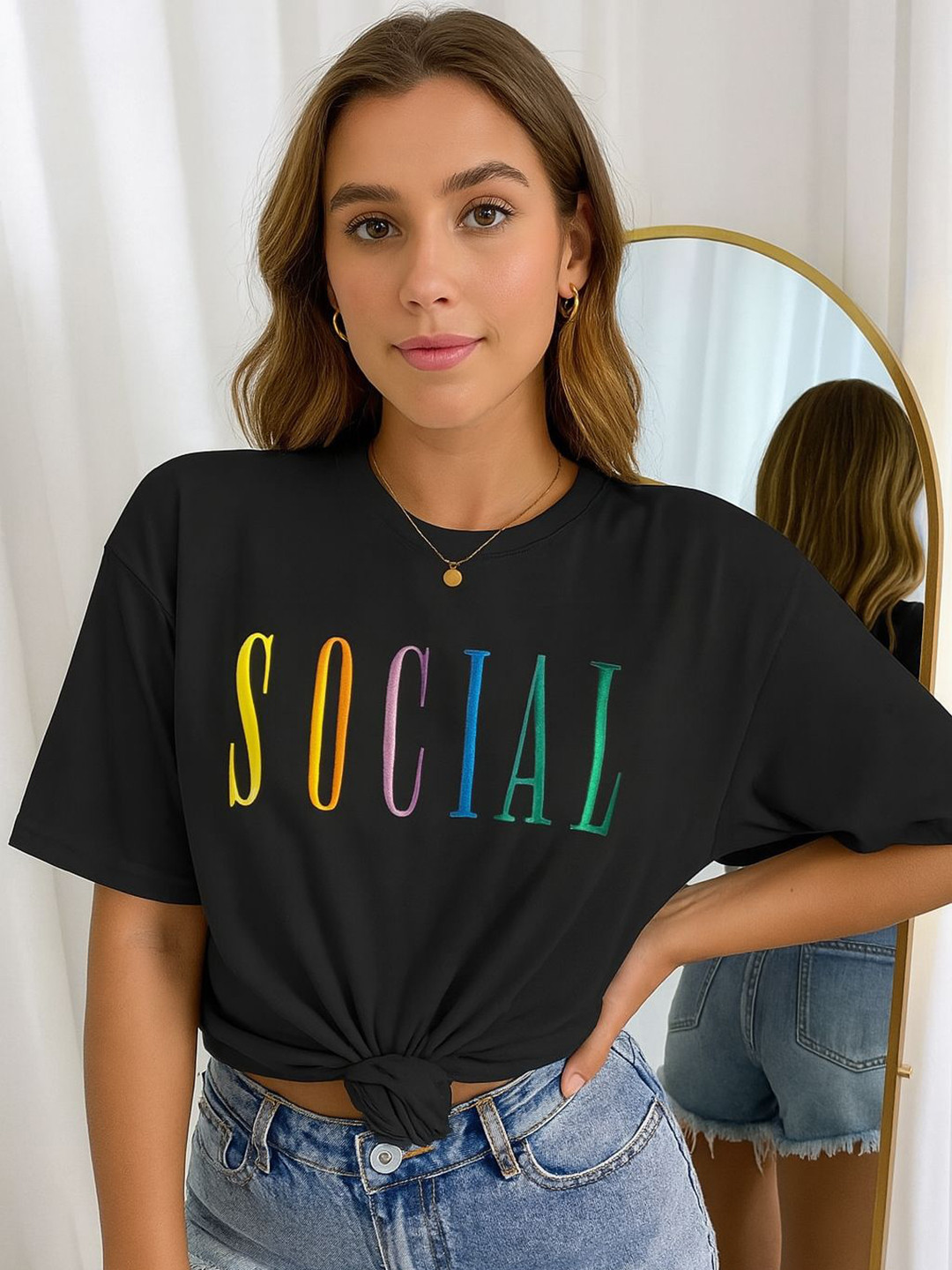 Mast & Harbour Typography Printed Drop-Shoulder Sleeves Cotton Oversized T-shirt