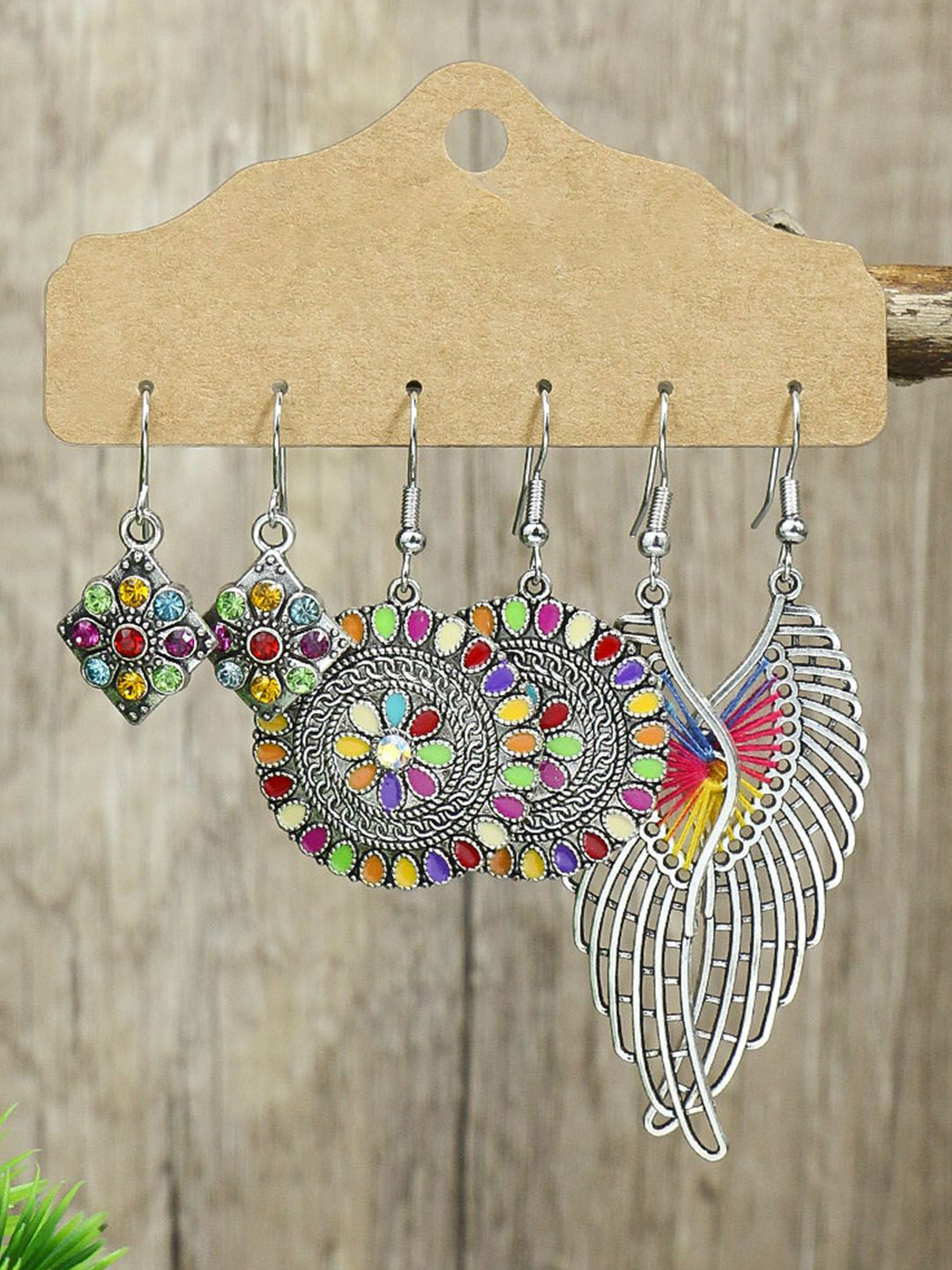 Young & Forever Set Of 3 Brass-Plated Stones Studded Oxidised Diamond Shaped Drop Earrings