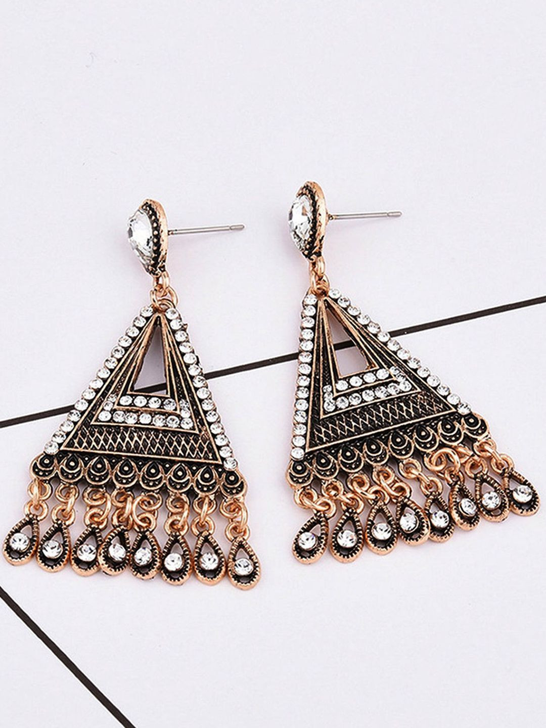 Young & Forever Brass-Plated Rhinestone Studded Triangular Shaped Drop Earrings