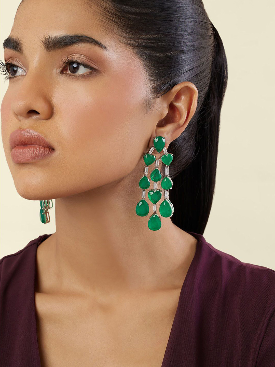 Isharya Emerald Waterfall Luxe Rhodium Plating Drop Earrings