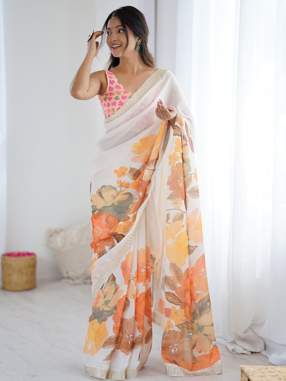 Anouk  Women Floral White Pure Chiffon Floral Printed Party Wear Saree