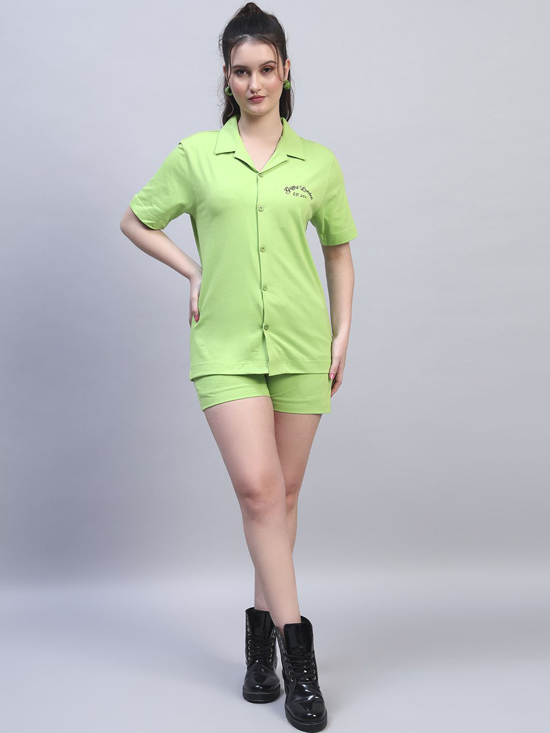 GRIFFEL Logo Printed Pure Cotton Short Sleeves Shirt & Shorts Co-Ords Set