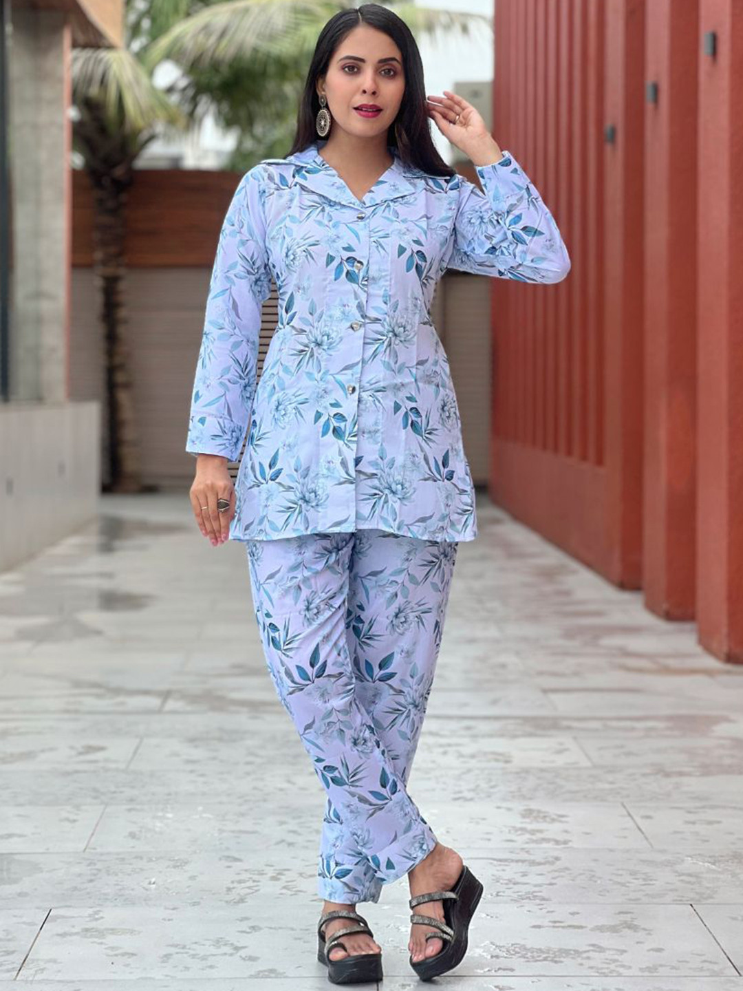 GRISHU COLLECTION Floral Printed V-Neck Pure Cotton Shirt With Trousers