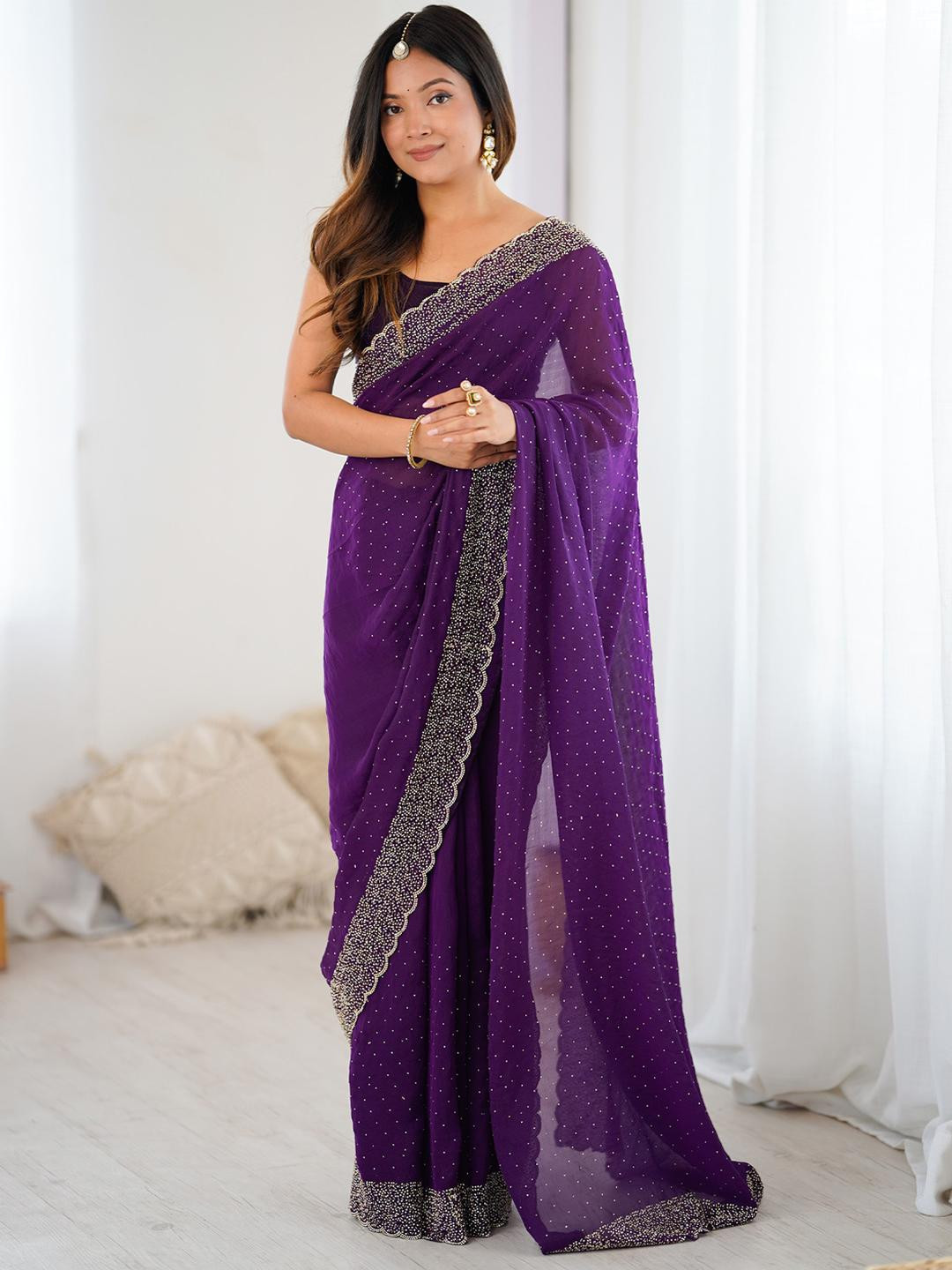 Anouk Women Violet Embellished Beads and Stones Satin Designer Saree