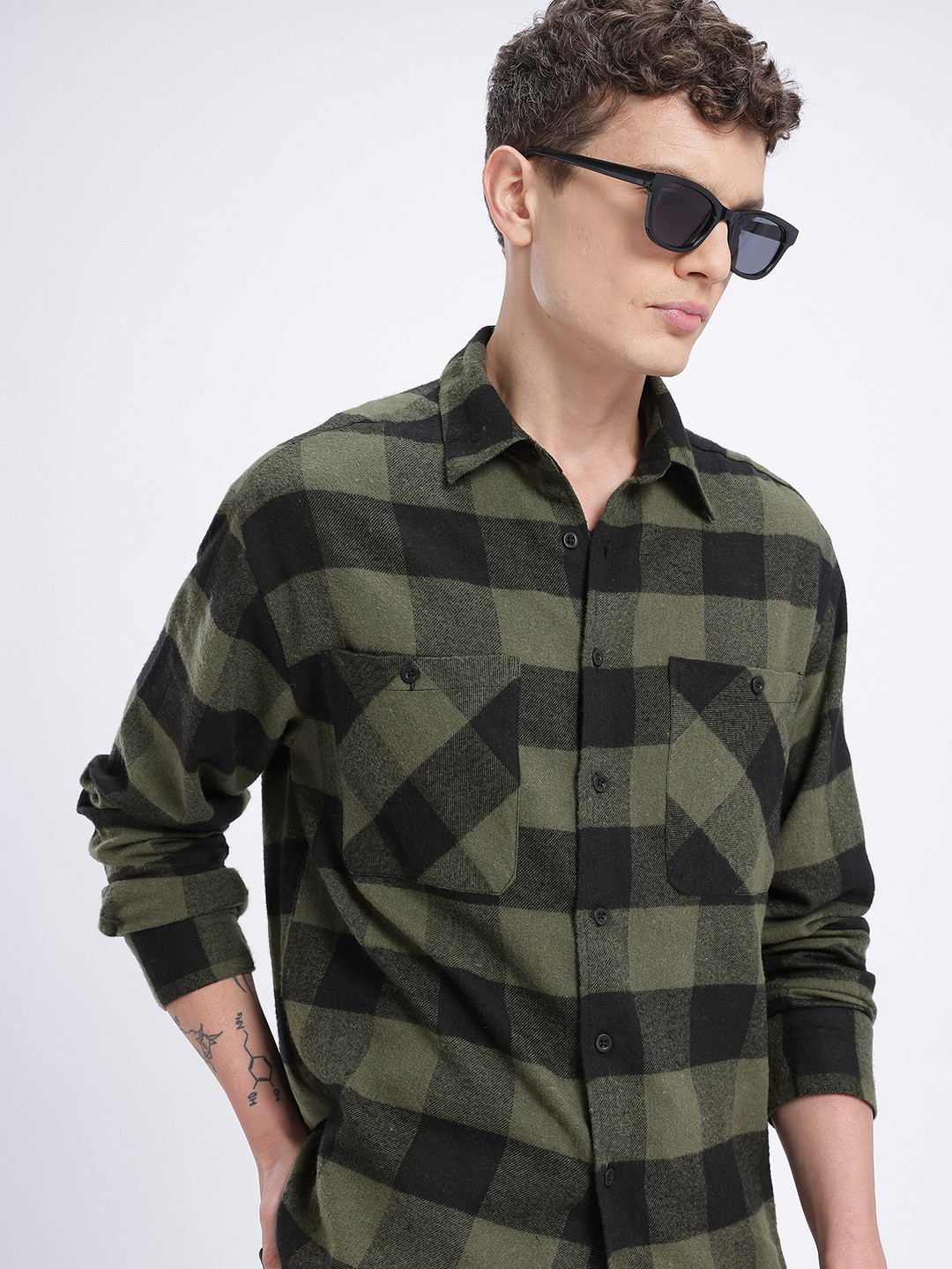 glitchez Buffalo Checked Drop-Shoulder Sleeves Relaxed Fit Casual Shirt