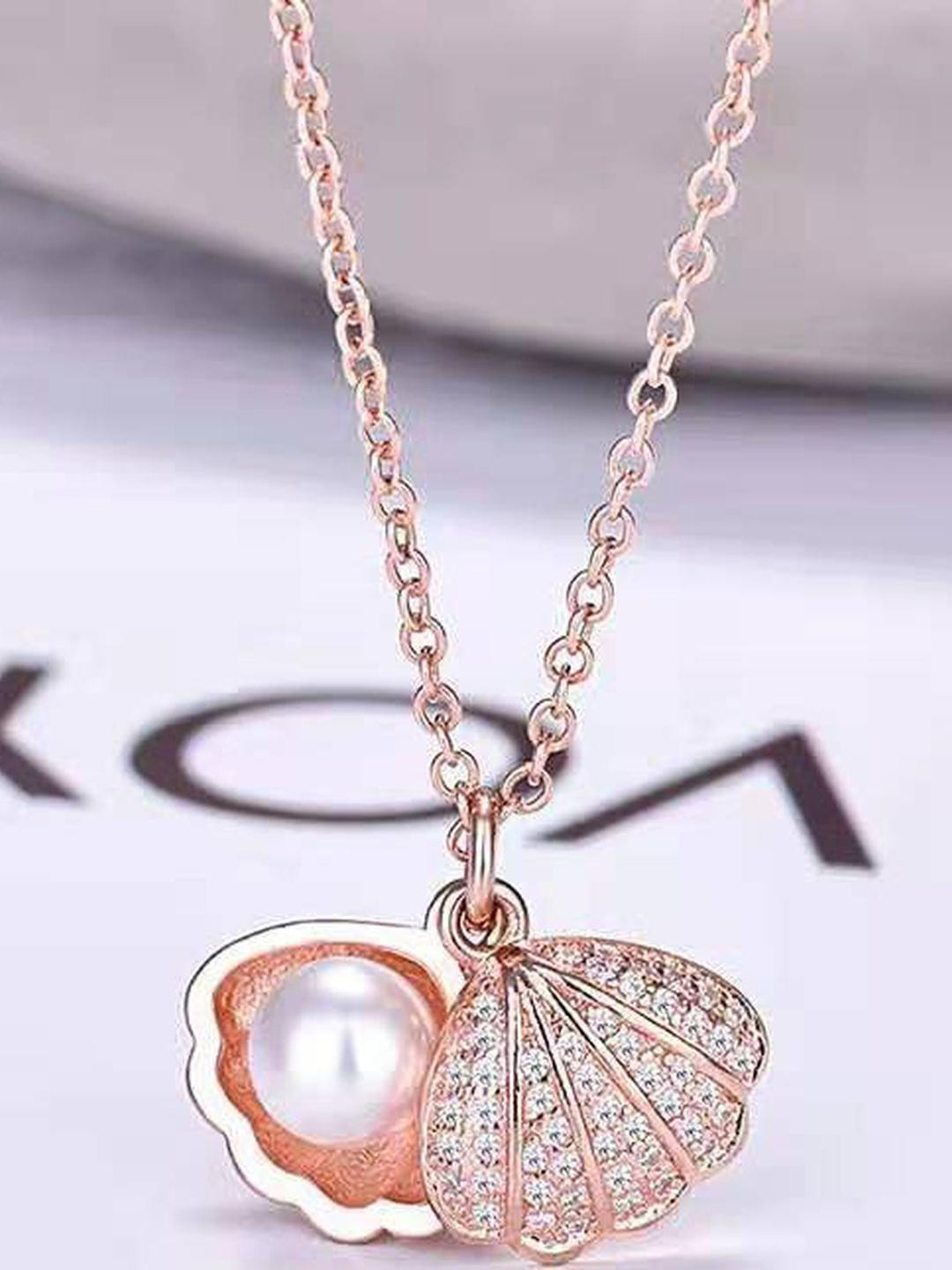 AVIGHNA ARTS Women Rose Gold-Toned Zircon-Studded Shell & Pearl Charm Necklace