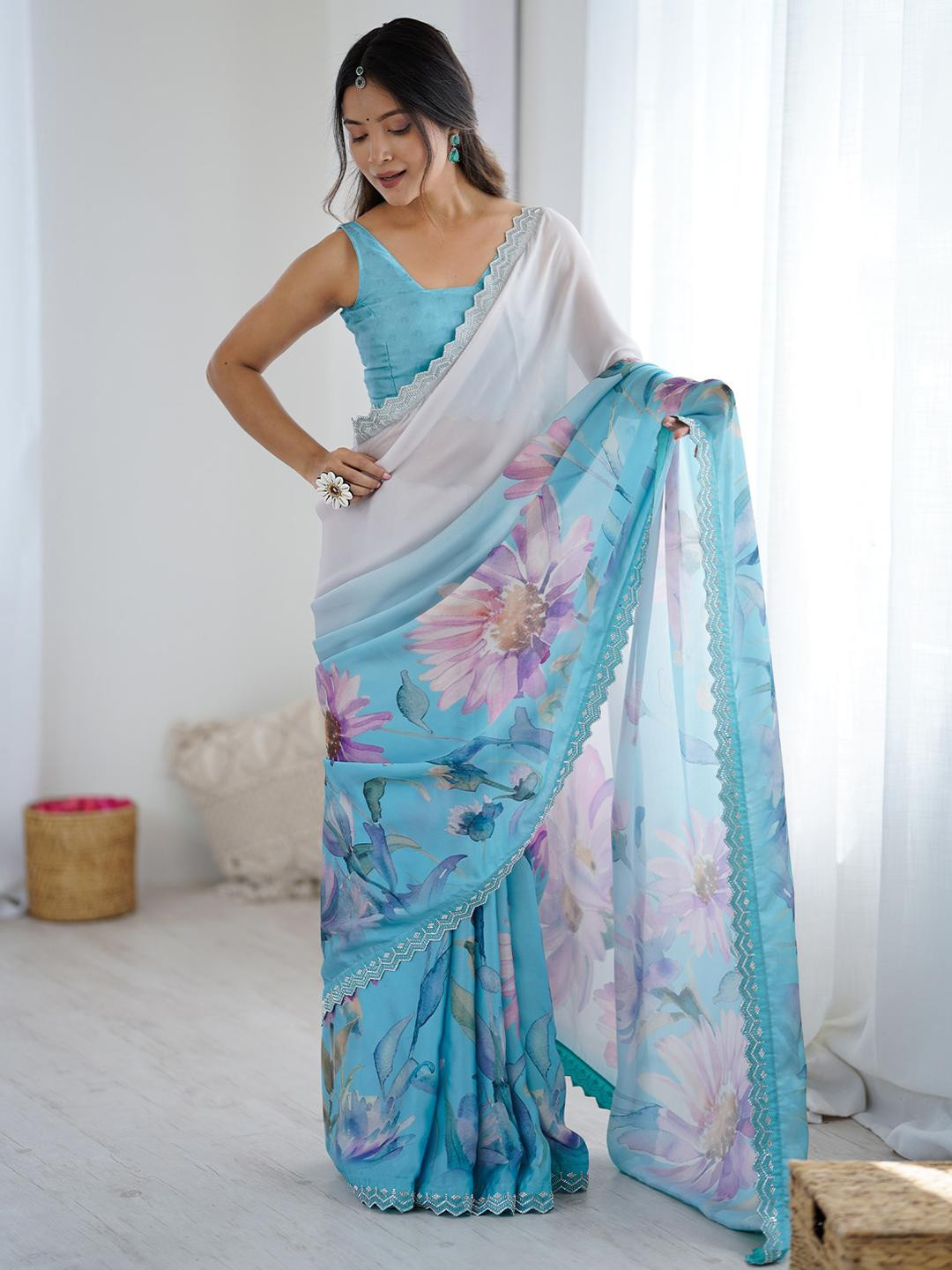 Anouk Blue & White Floral Printed With Stones Studded Georgette Saree