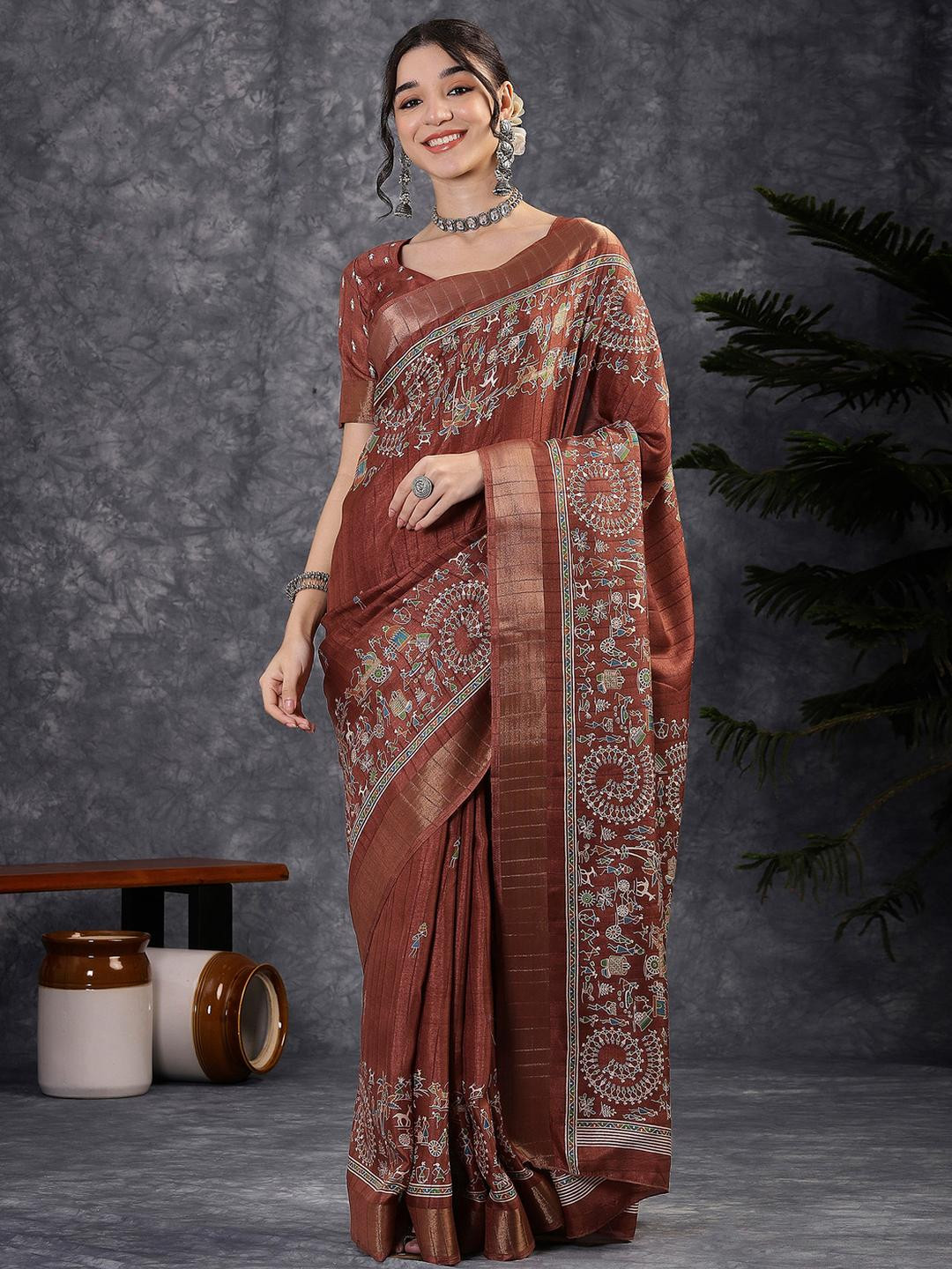KALINI Block Print Kalamkari Silk Blend Saree