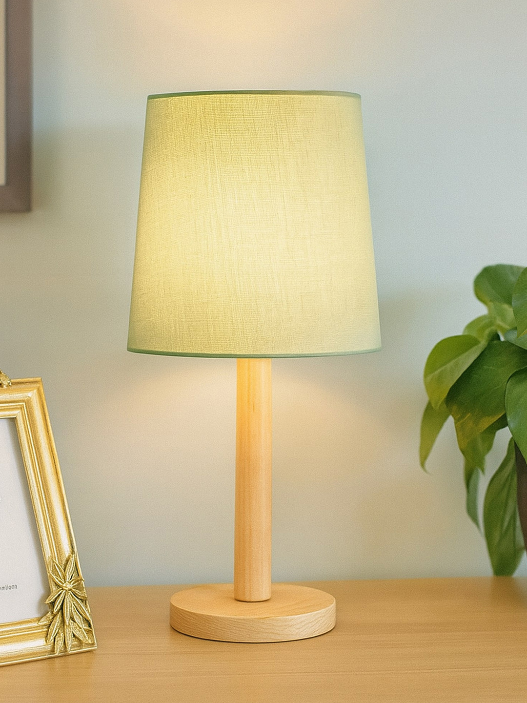 Homesake Green & Beige Wooden Contemporary Frustum Shade Table Lamp