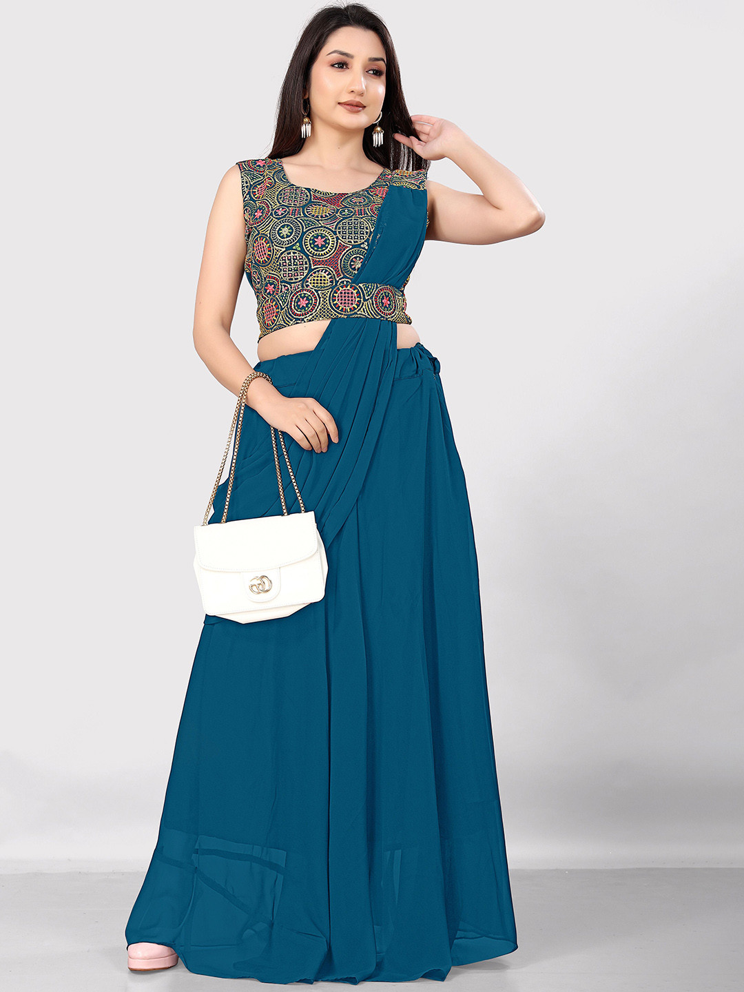 Pantos Embroidered Georgette Ready To Wear Draped Lehenga & Blouse With Dupatta