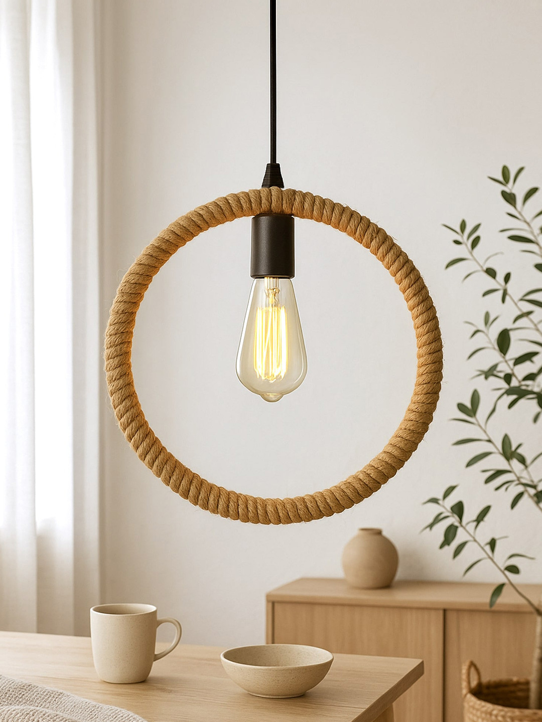 Homesake Beige Solid Hemp Rope Handcrafted Pendent Lamp