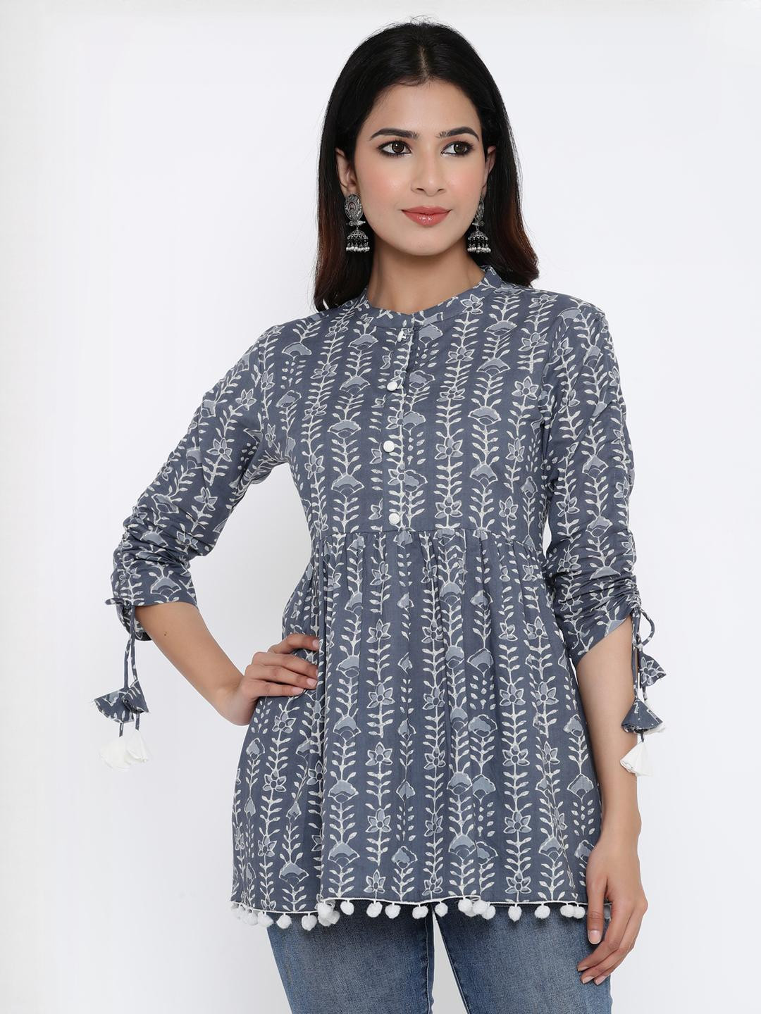 Khalish Women Grey A-Line Floral Print Cotton Mandarin Collar Tunic