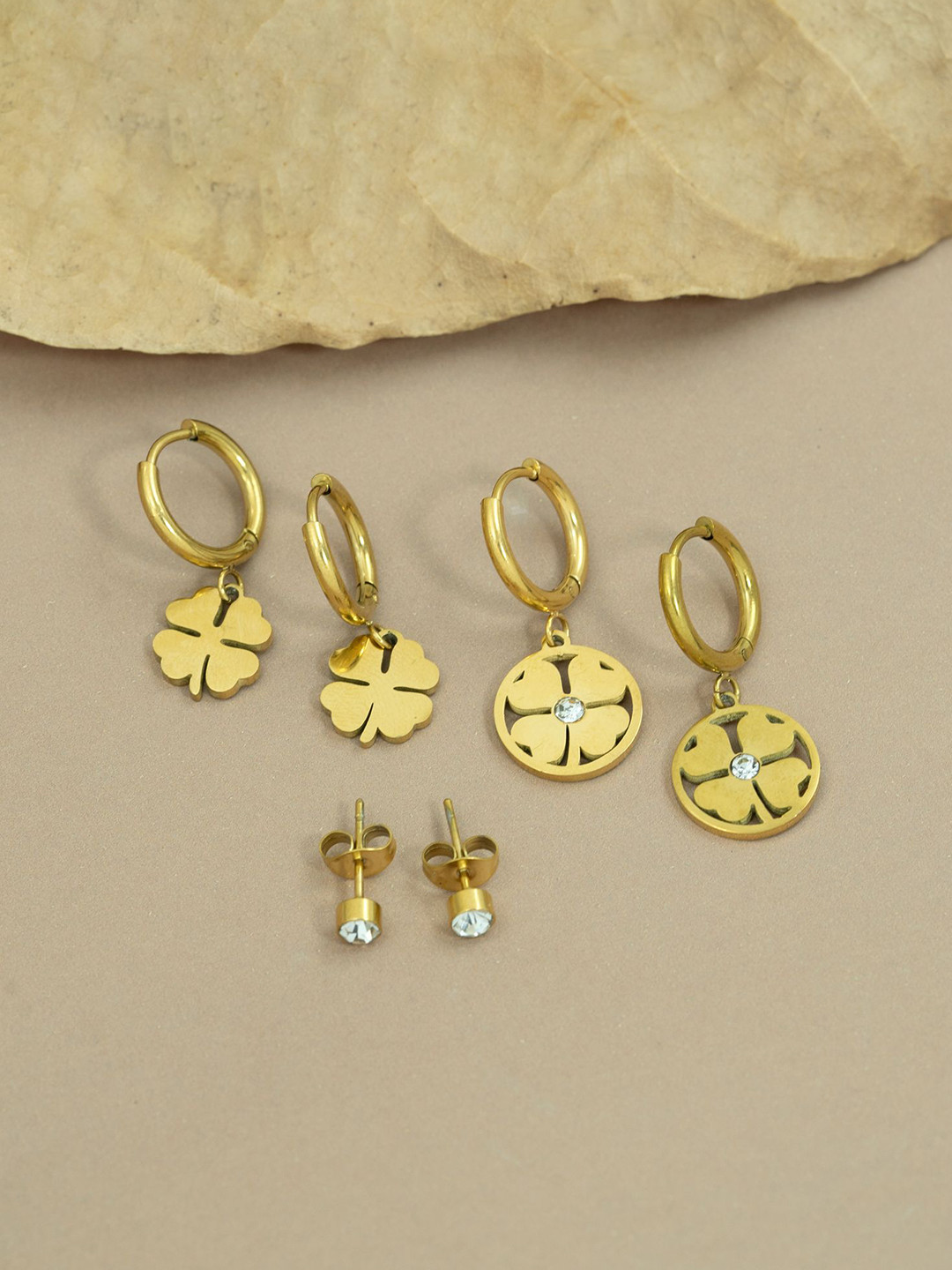 ARTKLIM Set of 3 Stainless Steel Gold-Plated Artificial Stones Studded Leaf Hoop Earrings