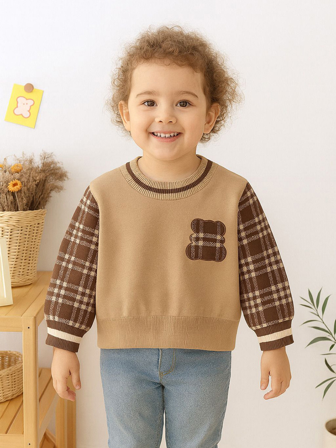 NEUDIS Girls Brown and Cream Checked Sleeve Sweatshirt with Bear Applique Design