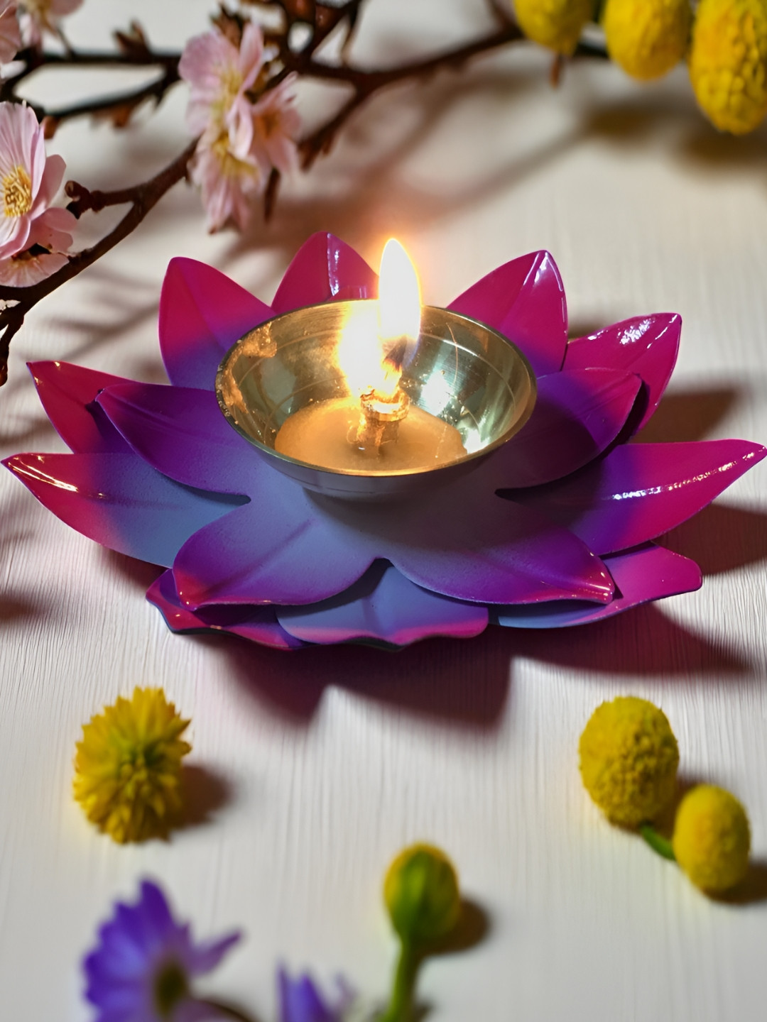 GADINFASHION Pink & Yellow Lotus Shape Akhand Jyoti Pooja Diya