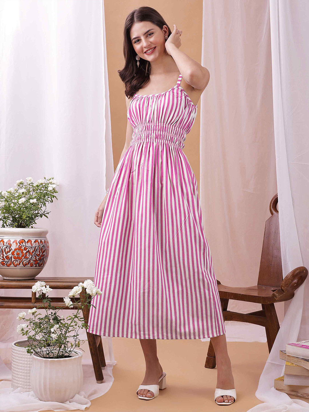 YANAMORA Women Striped Shoulder Straps Smoked A-Line Midi Dress