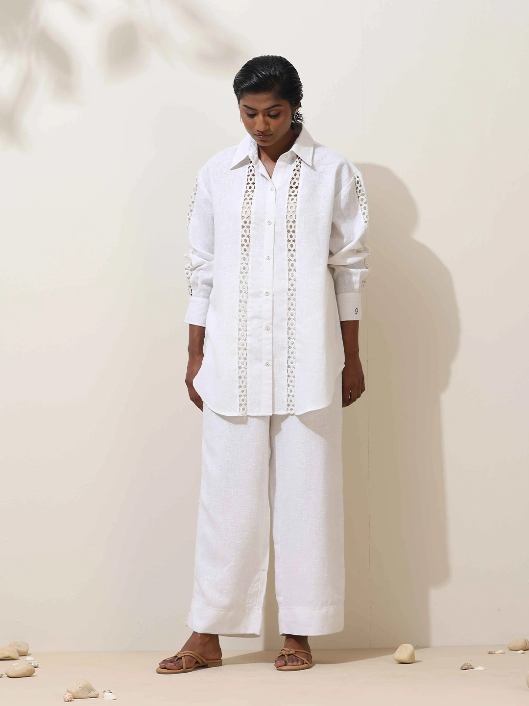 trueBrowns Attar White Crochet Natural Cotton Shirt Co-Ord Set