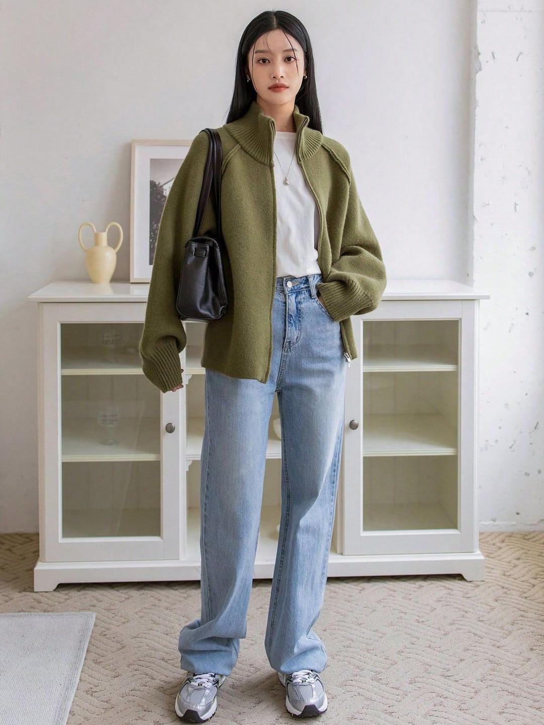 HERE&NOW Women High-Neck Zip-Up Knit Cardigan