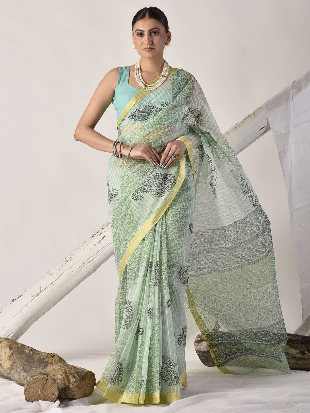 sutra attire Block Printed Pure Kota Doria Floral Saree