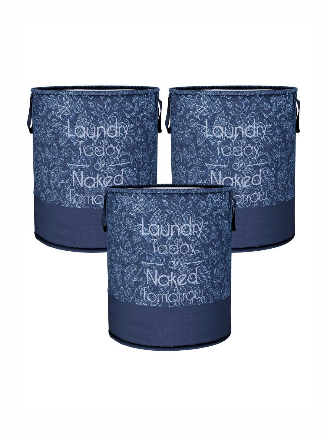 Aura Navy Blue & White 3 Pieces Printed Foldable Laundry Bags With Handle - 45L