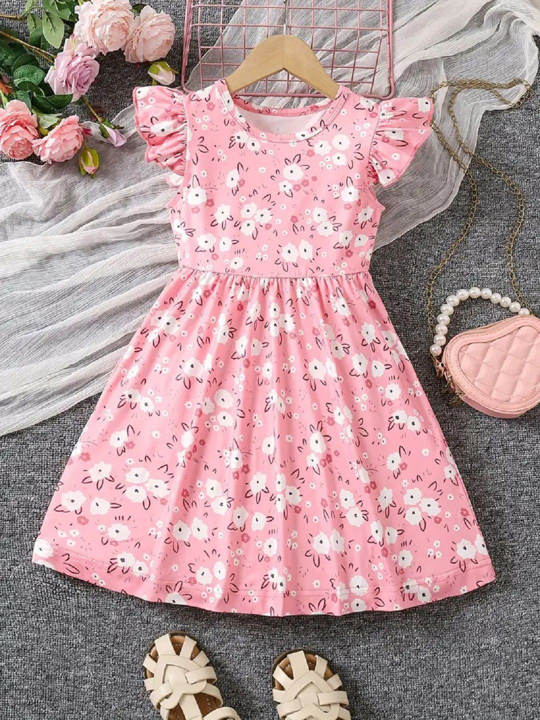 White World Girls Floral Printed Flutter Sleeve Fit & Flare Dress
