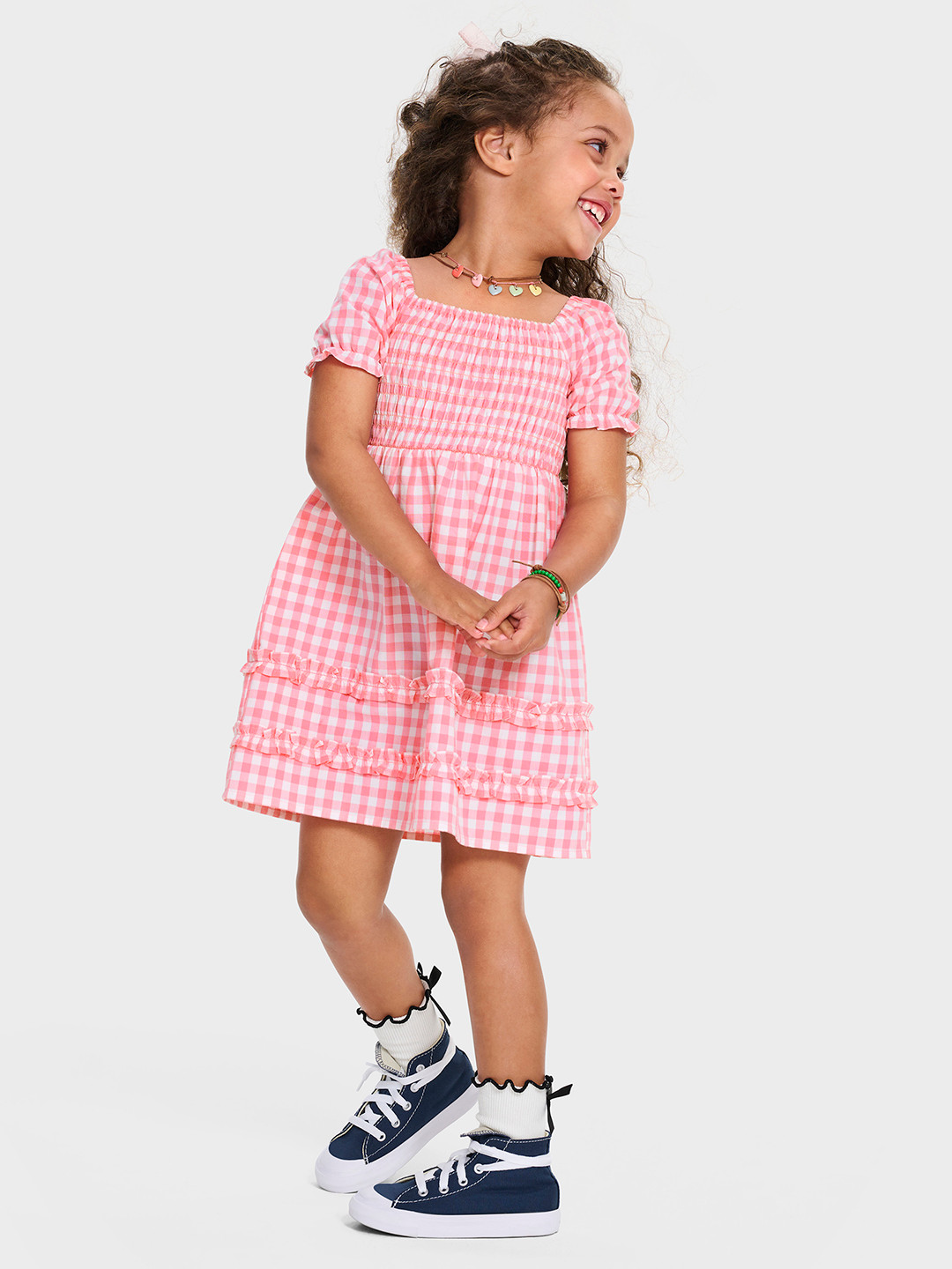 THE CHILDREN'S PLACE Girls Cotton Checked Puff Sleeve Fit & Flare Dress
