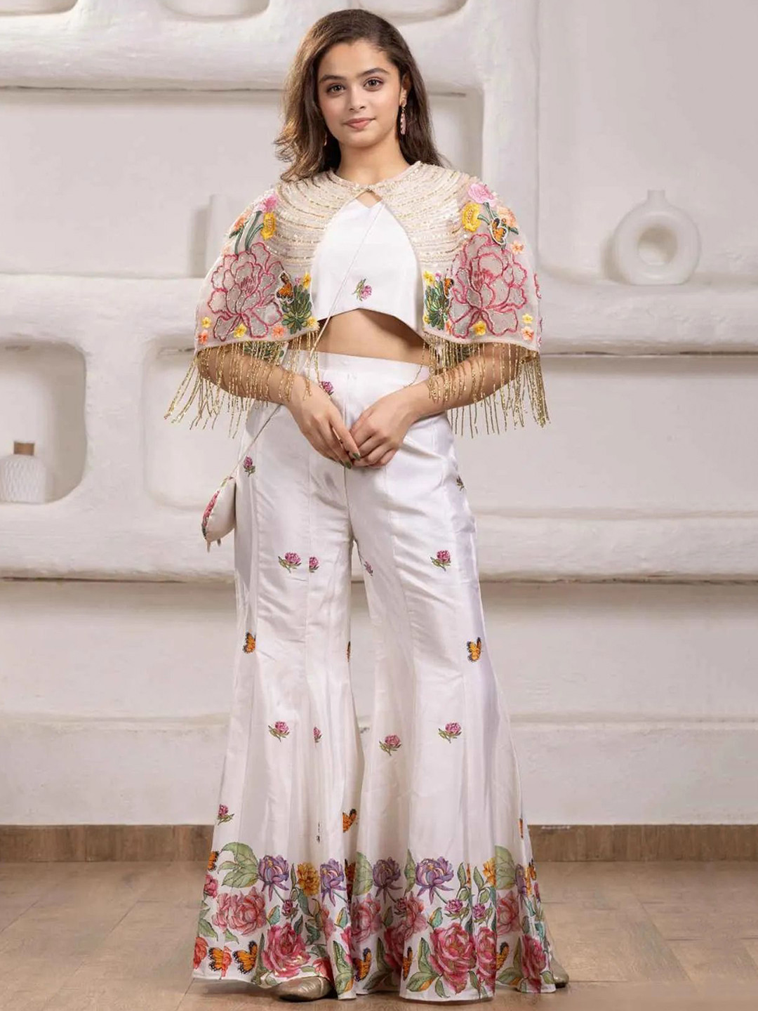 Lagorii Girls Floral Embroidered Round Neck Crop Top & Palazzos With Cape Clothing Set