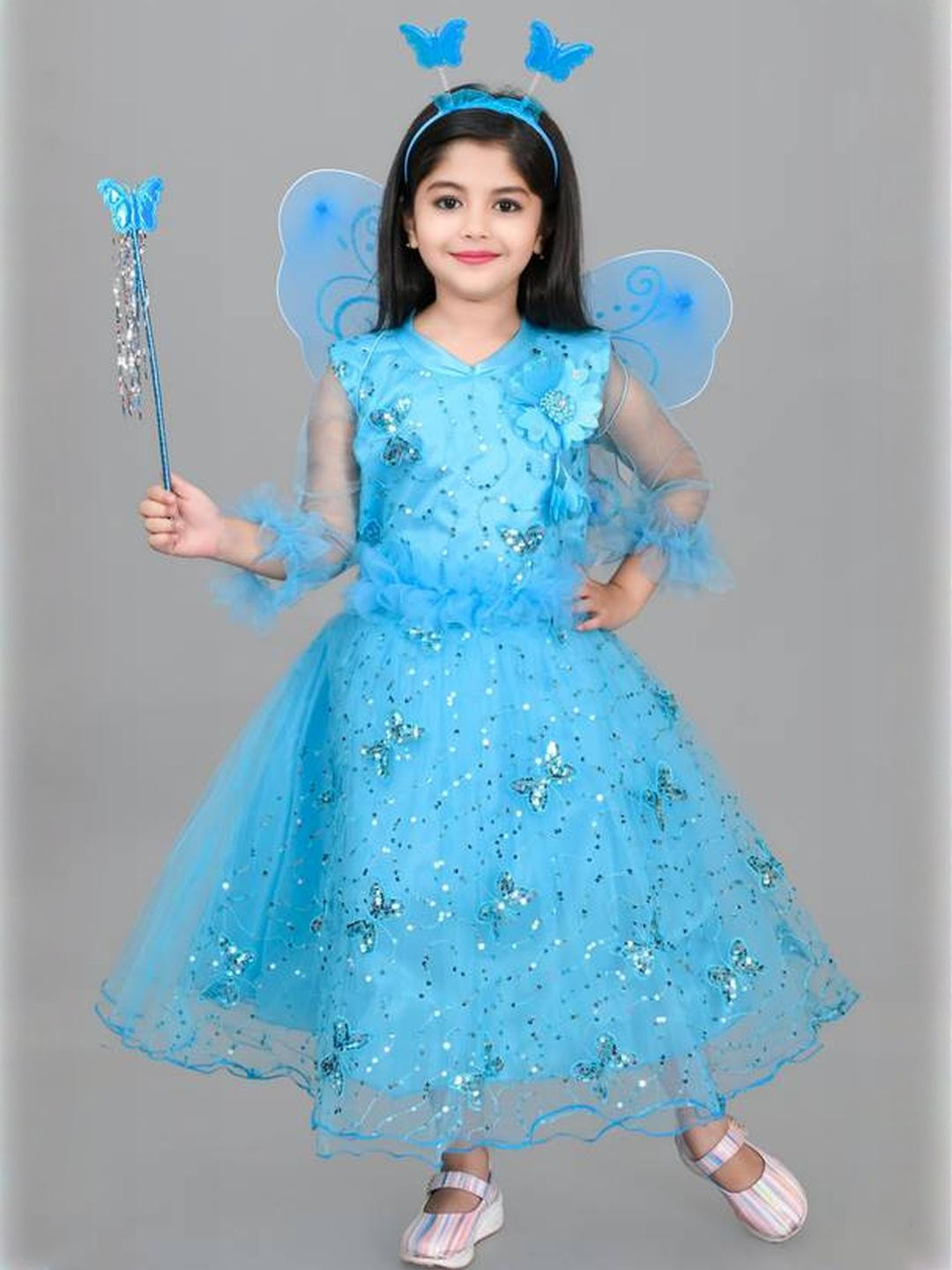 R K S FASHION Embellished Ruffled Net Fit & Flare Midi Dress