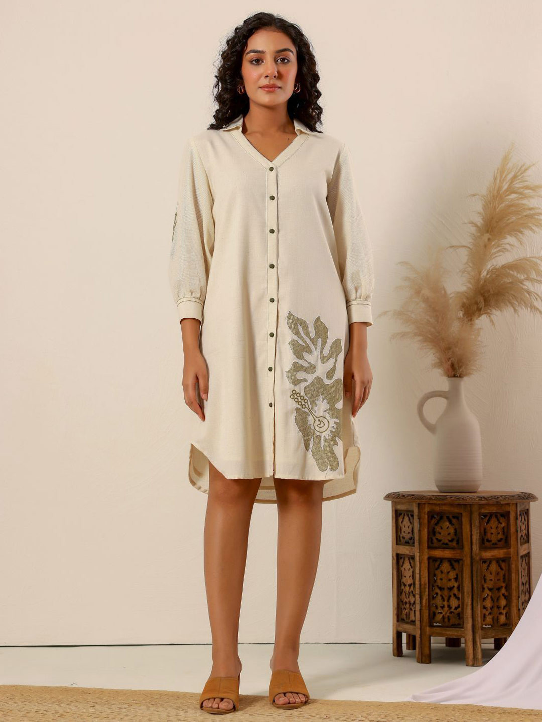 Zolo Label Women Beige Flower Embroidery Cotton Shirt Dress