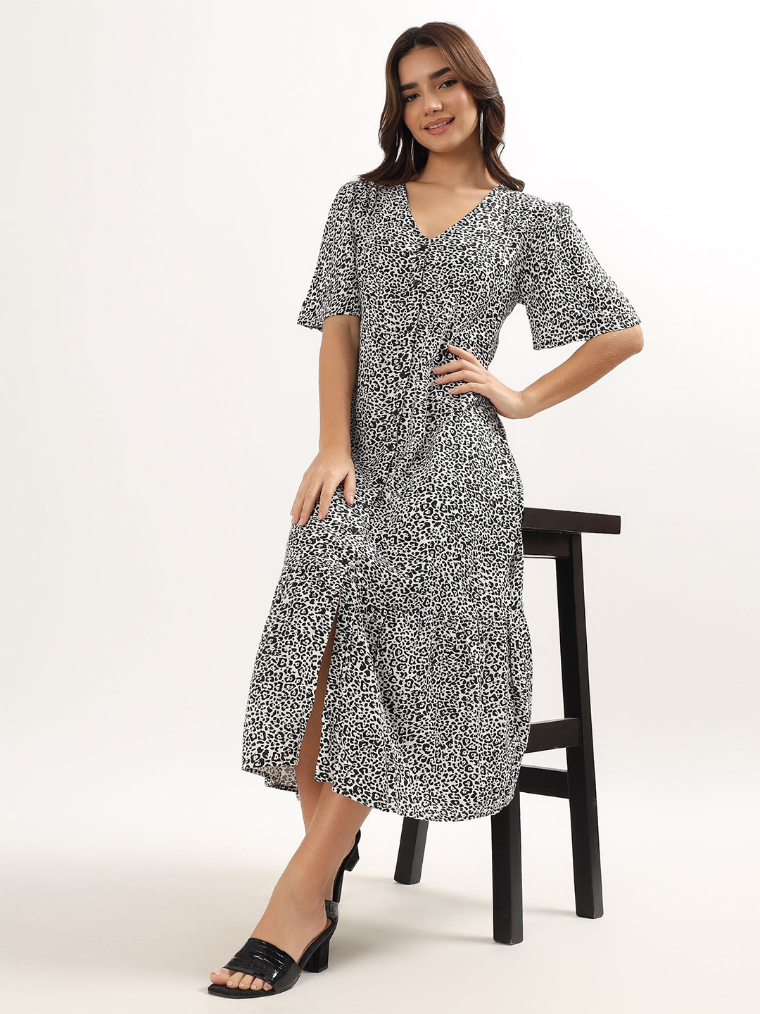 Avor Lifestyle Women Animal Printed V-Neck A-Line Dress