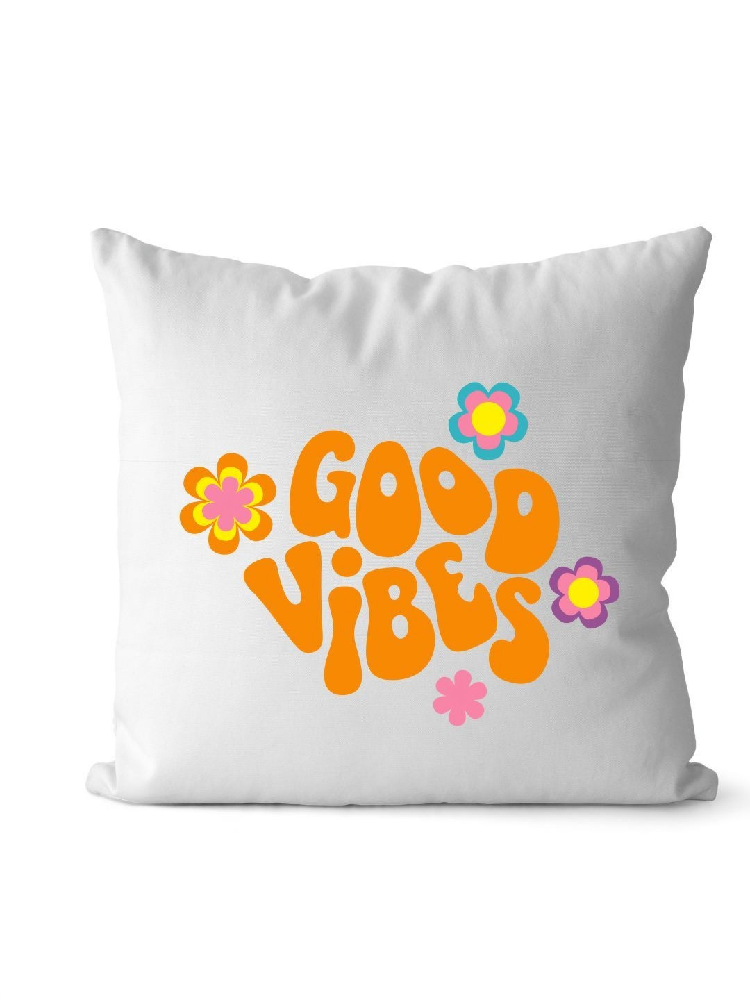 Loops n knots White & Orange-Coloured Good Vibes Printed Pre-Filled Cushion
