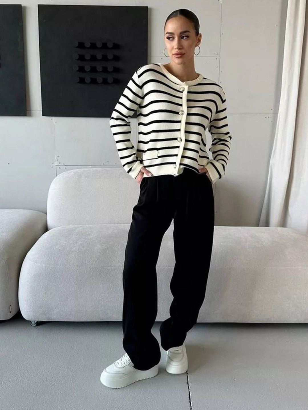 bebe Women Striped Knit Cardigan with Gold Buttons